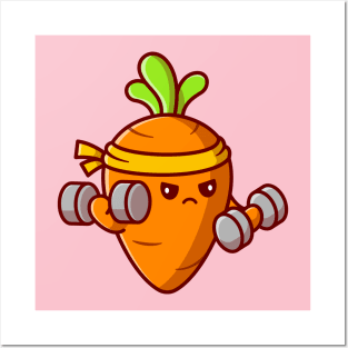 Cute Carrot Lifting Dumbbell Cartoon Posters and Art